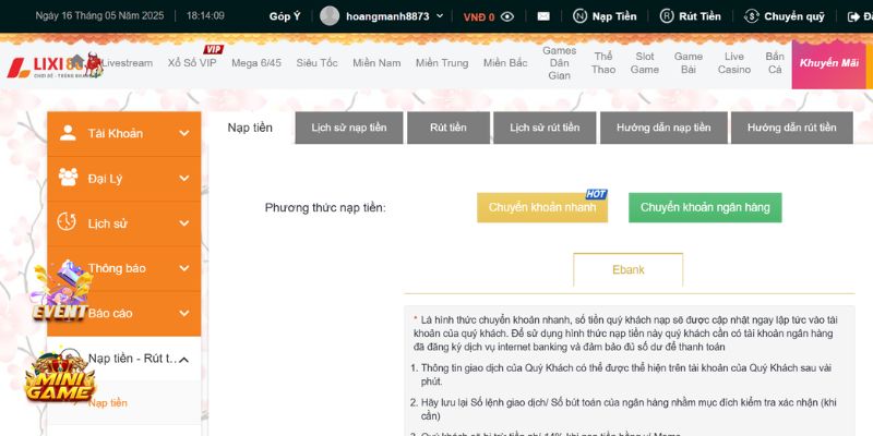 Hướng dẫn nạp tiền lixi88